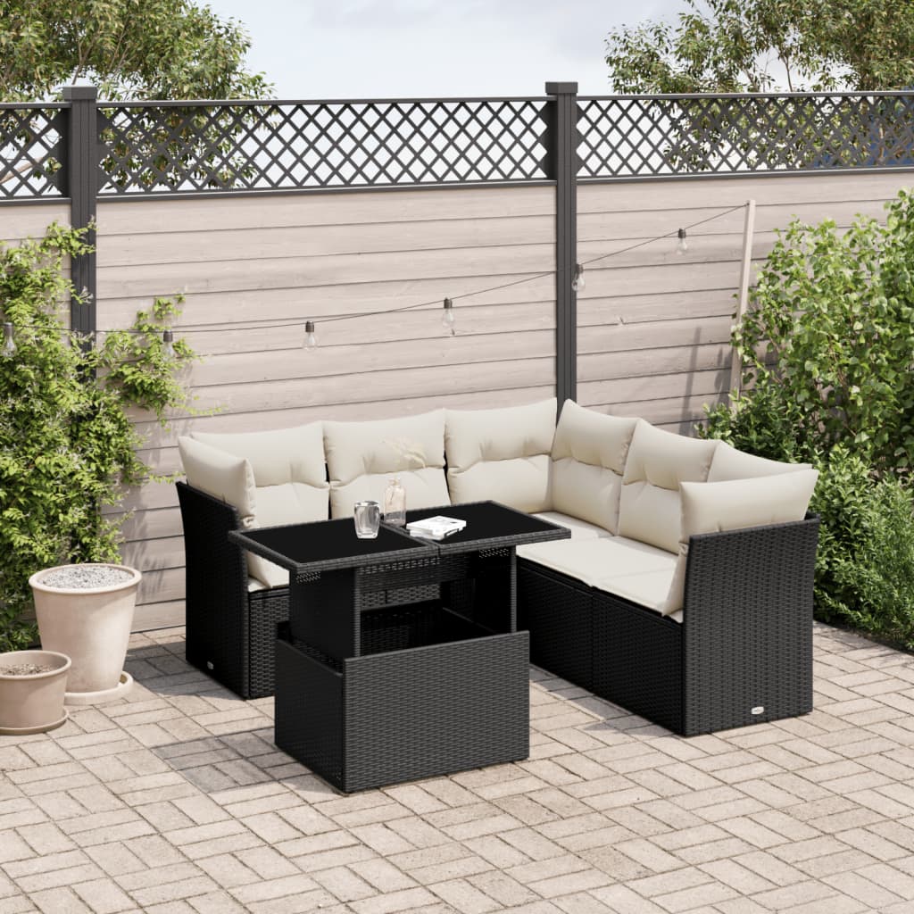 6-delige Loungeset met kussens poly rattan zwart