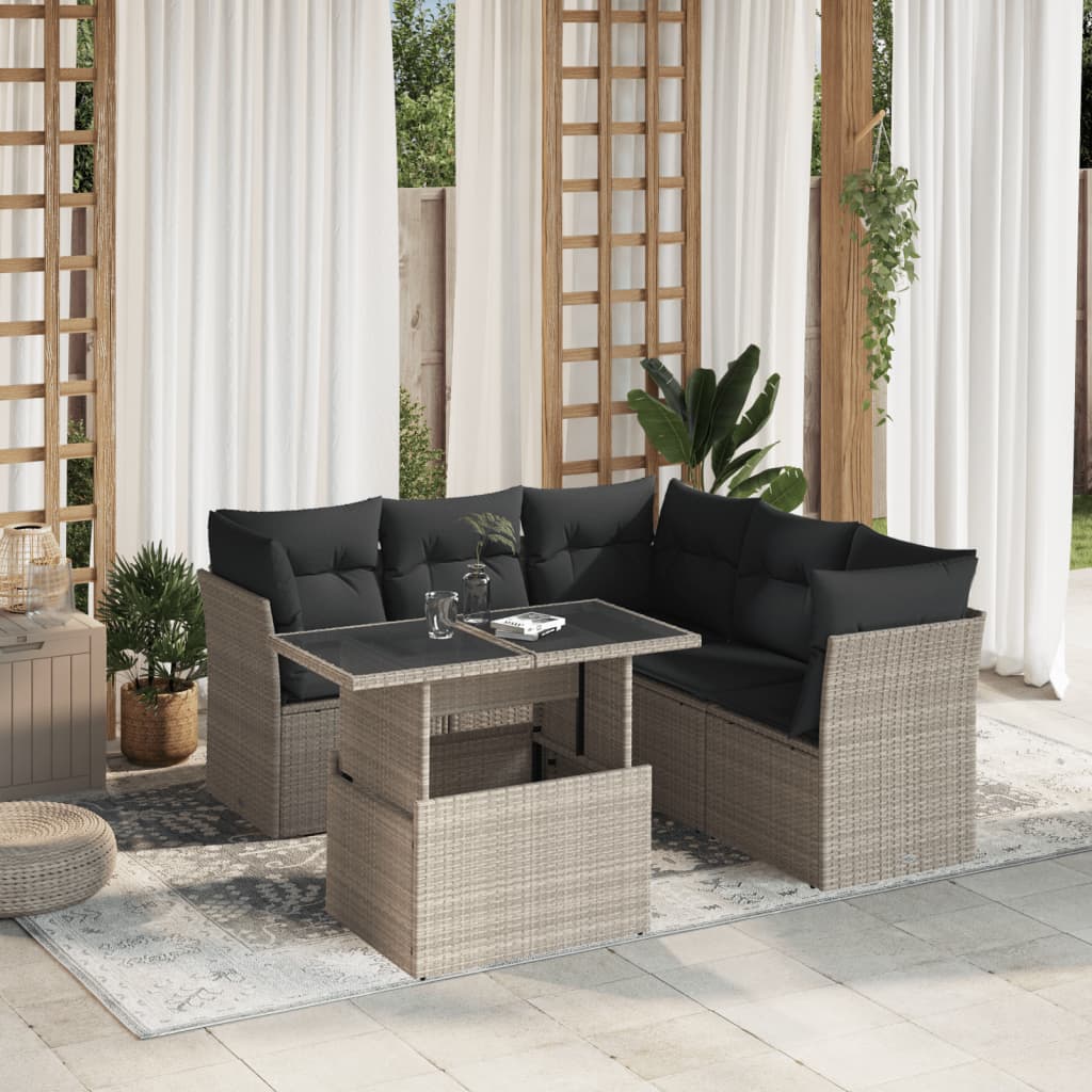 6-delige Loungeset met kussens poly rattan lichtgrijs