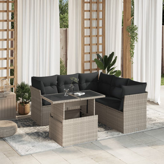 6-delige Loungeset met kussens poly rattan lichtgrijs