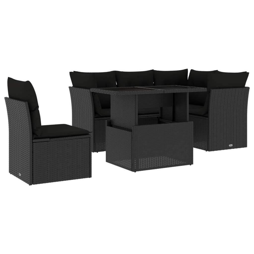 6-delige Loungeset met kussens poly rattan zwart