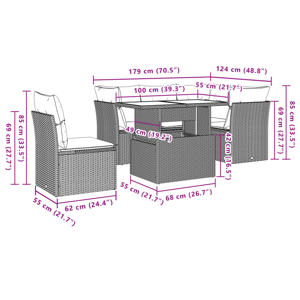 6-delige Loungeset met kussens poly rattan zwart