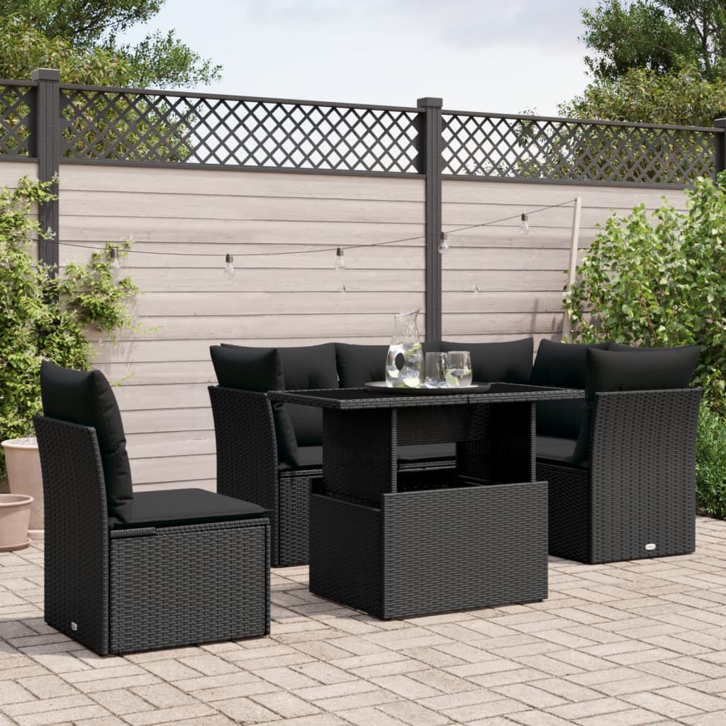 6-delige Loungeset met kussens poly rattan zwart