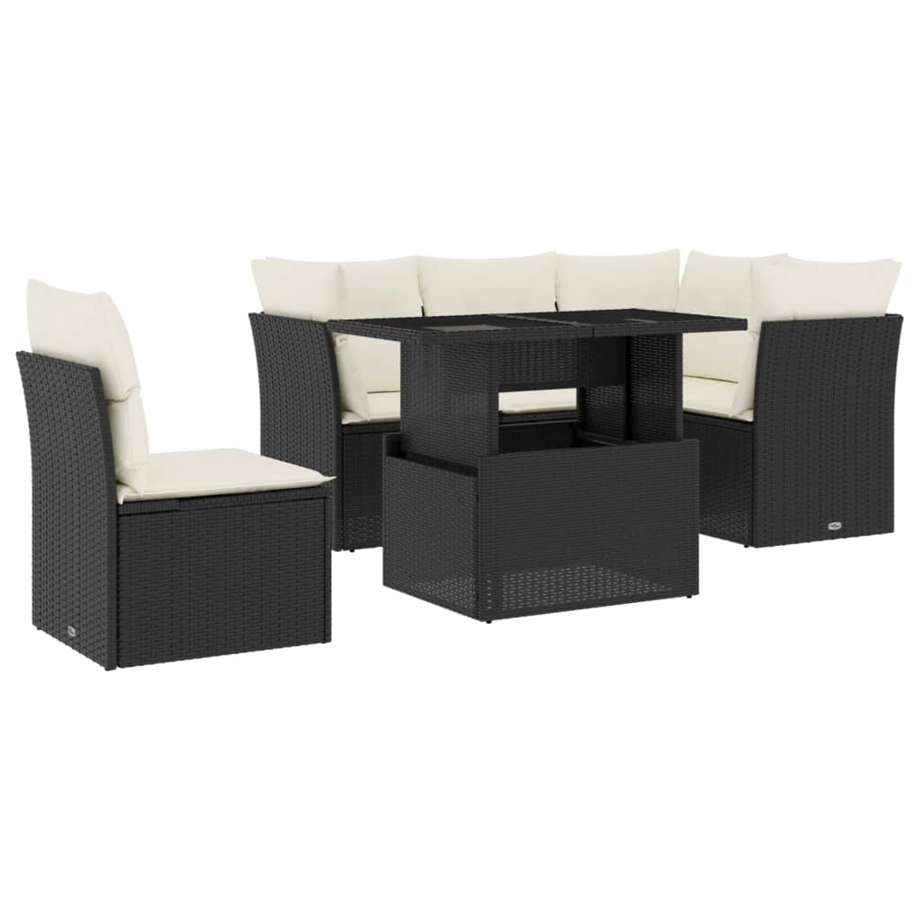 6-delige Loungeset met kussens poly rattan zwart