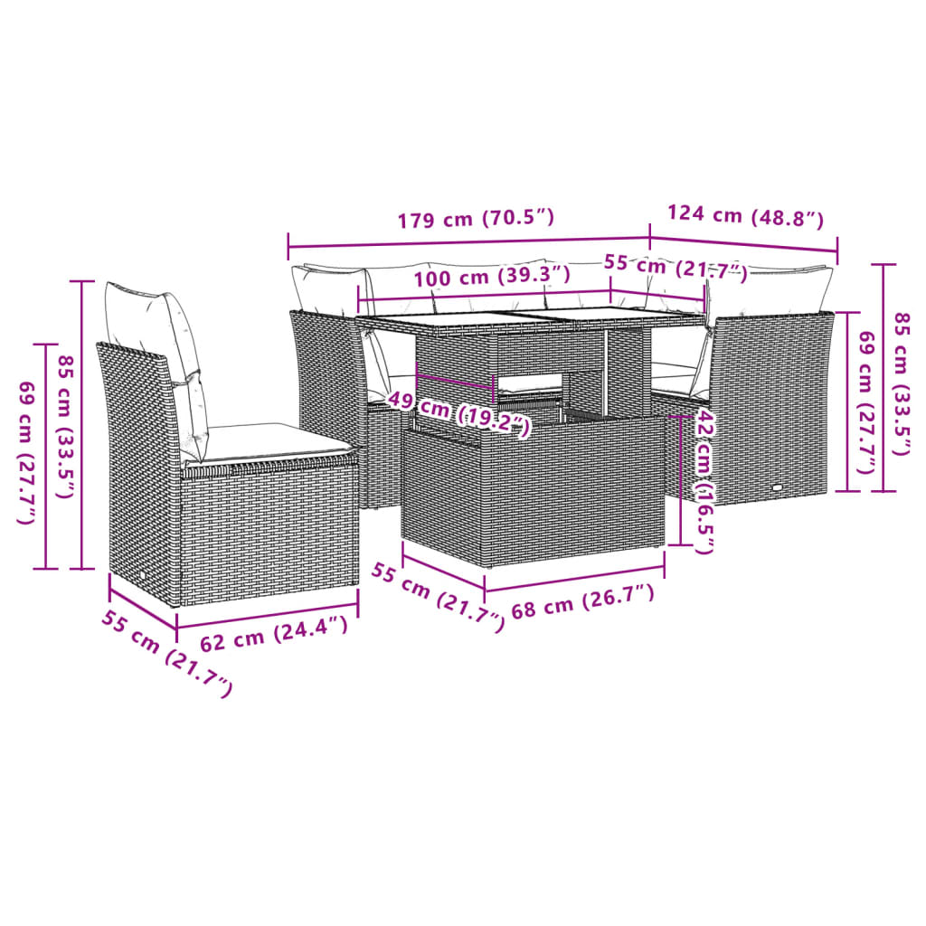 6-delige Loungeset met kussens poly rattan zwart