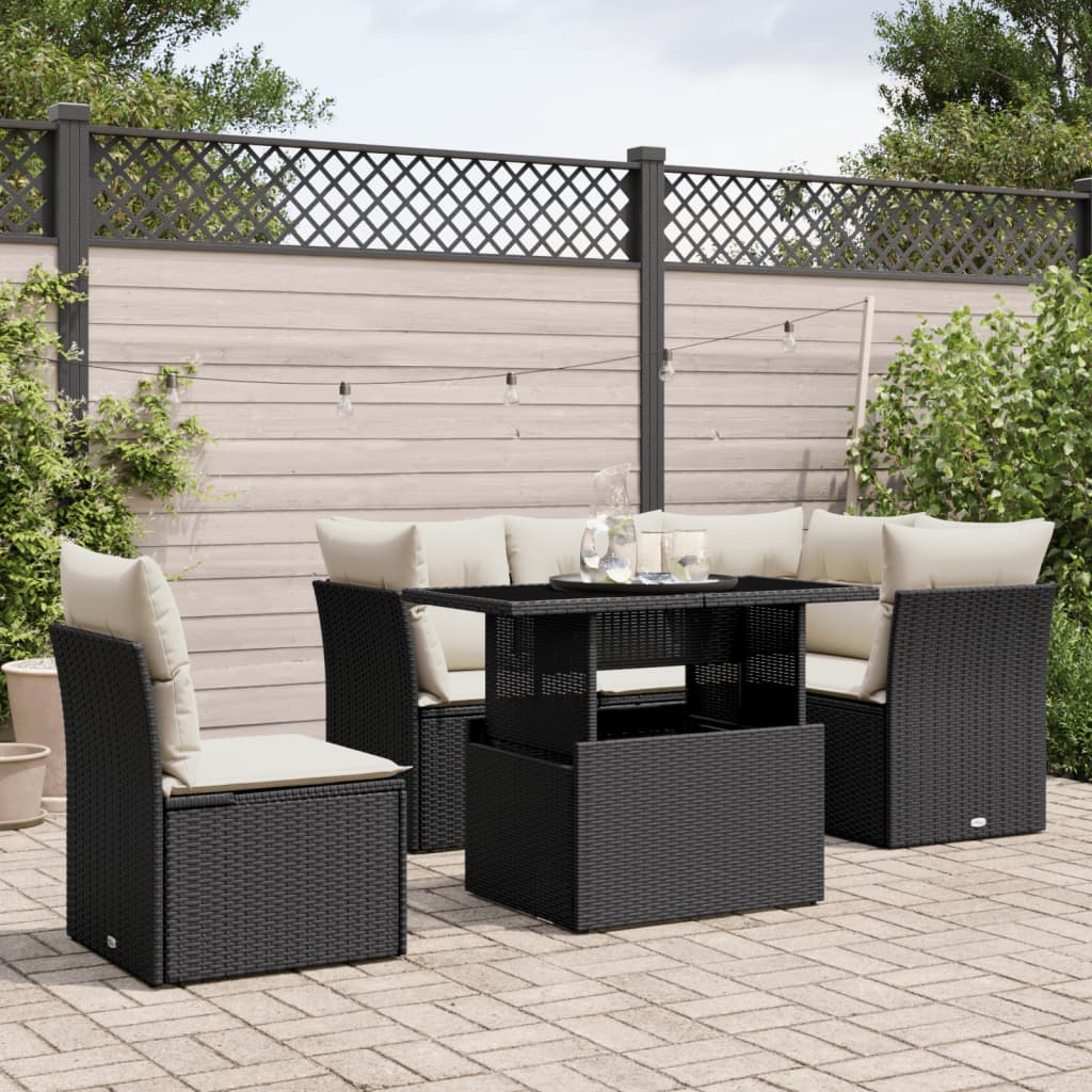 6-delige Loungeset met kussens poly rattan zwart