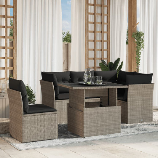 6-delige Loungeset met kussens poly rattan lichtgrijs