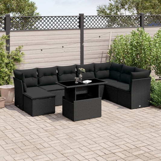 9-delige Loungeset met kussens poly rattan zwart