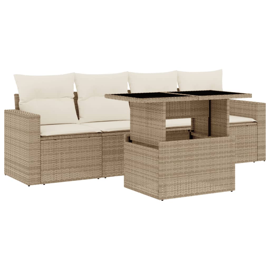 5-delige Loungeset met kussens poly rattan beige