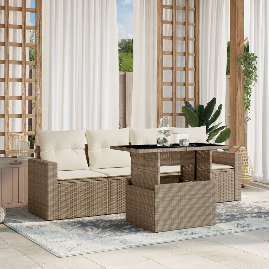 5-delige Loungeset met kussens poly rattan beige