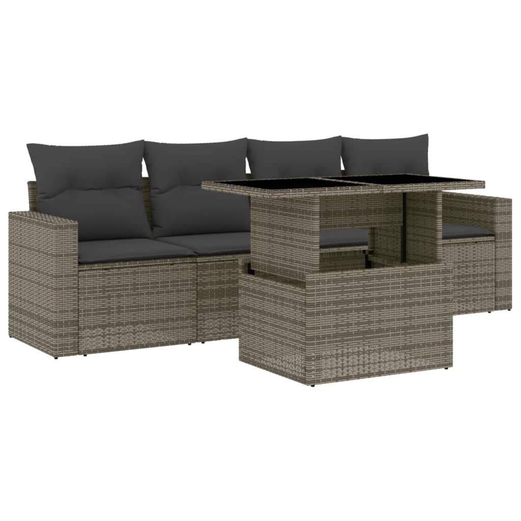 5-delige Loungeset met kussens poly rattan grijs