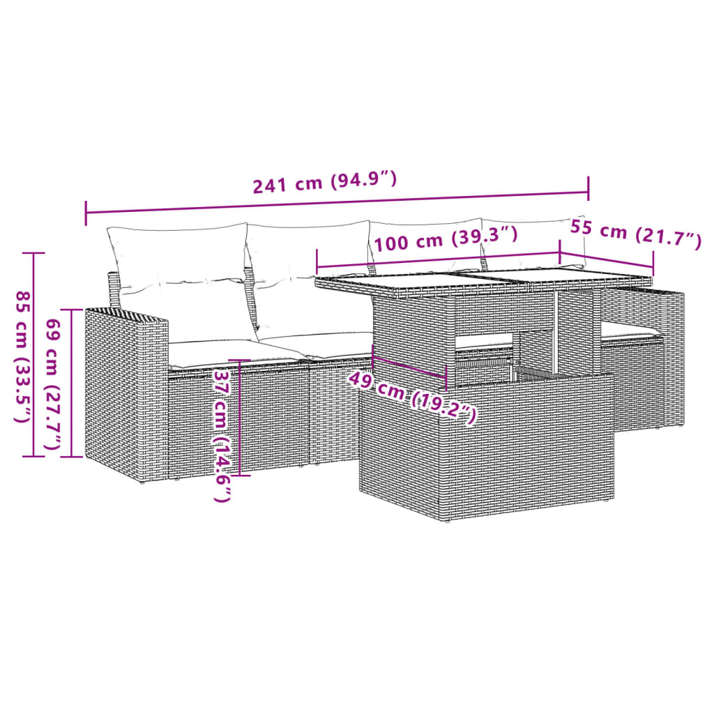 5-delige Loungeset met kussens poly rattan grijs