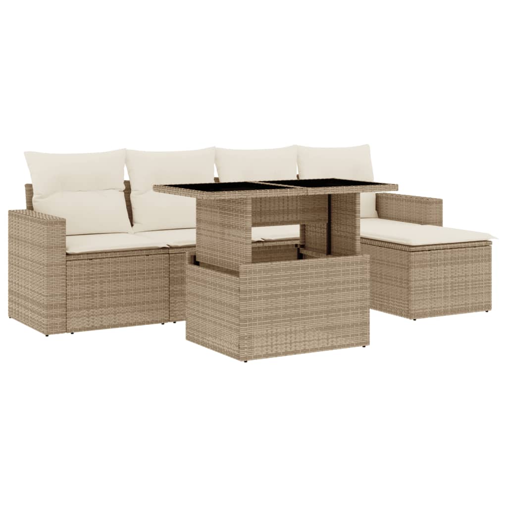 6-delige Loungeset met kussens poly rattan beige