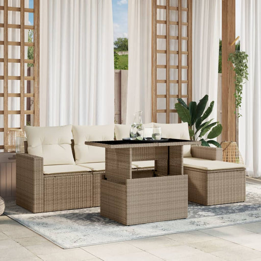 6-delige Loungeset met kussens poly rattan beige