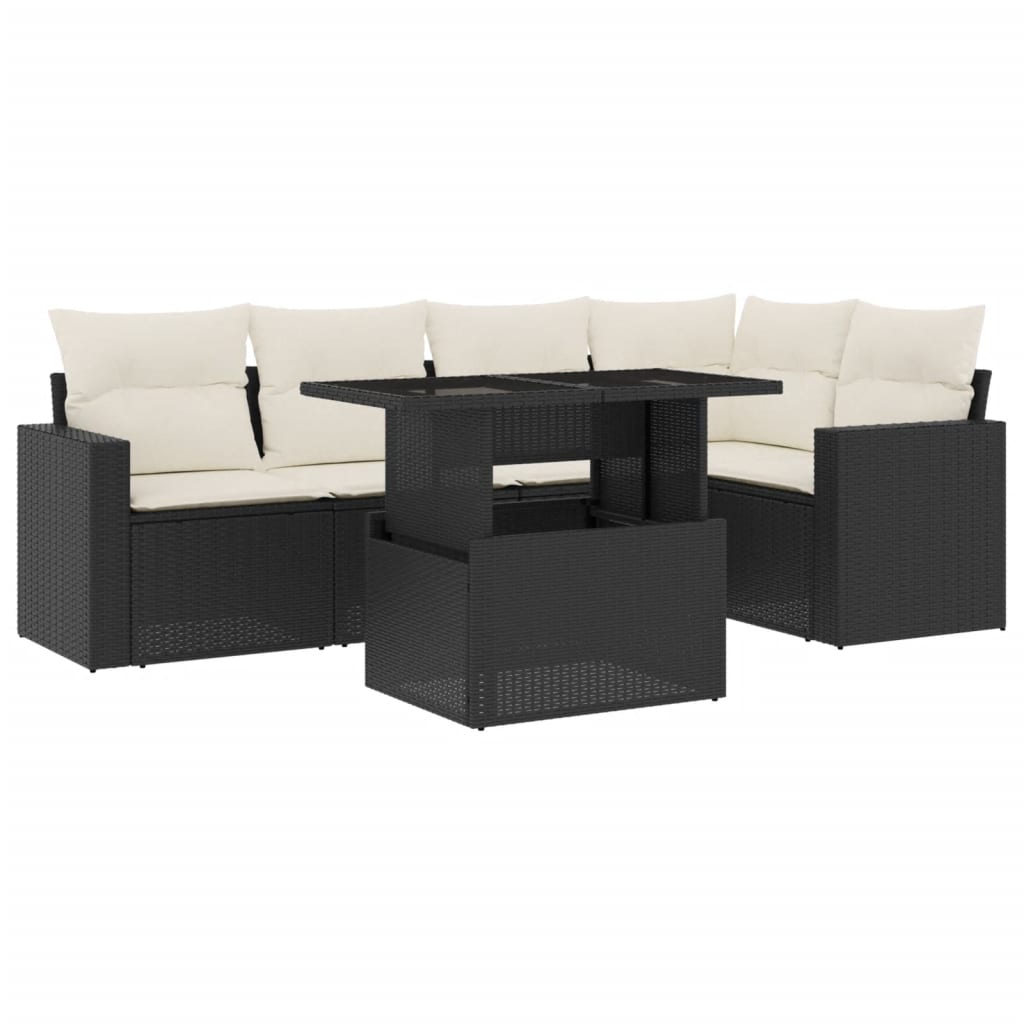 6-delige Loungeset met kussens poly rattan zwart