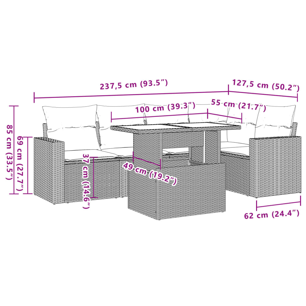 6-delige Loungeset met kussens poly rattan zwart