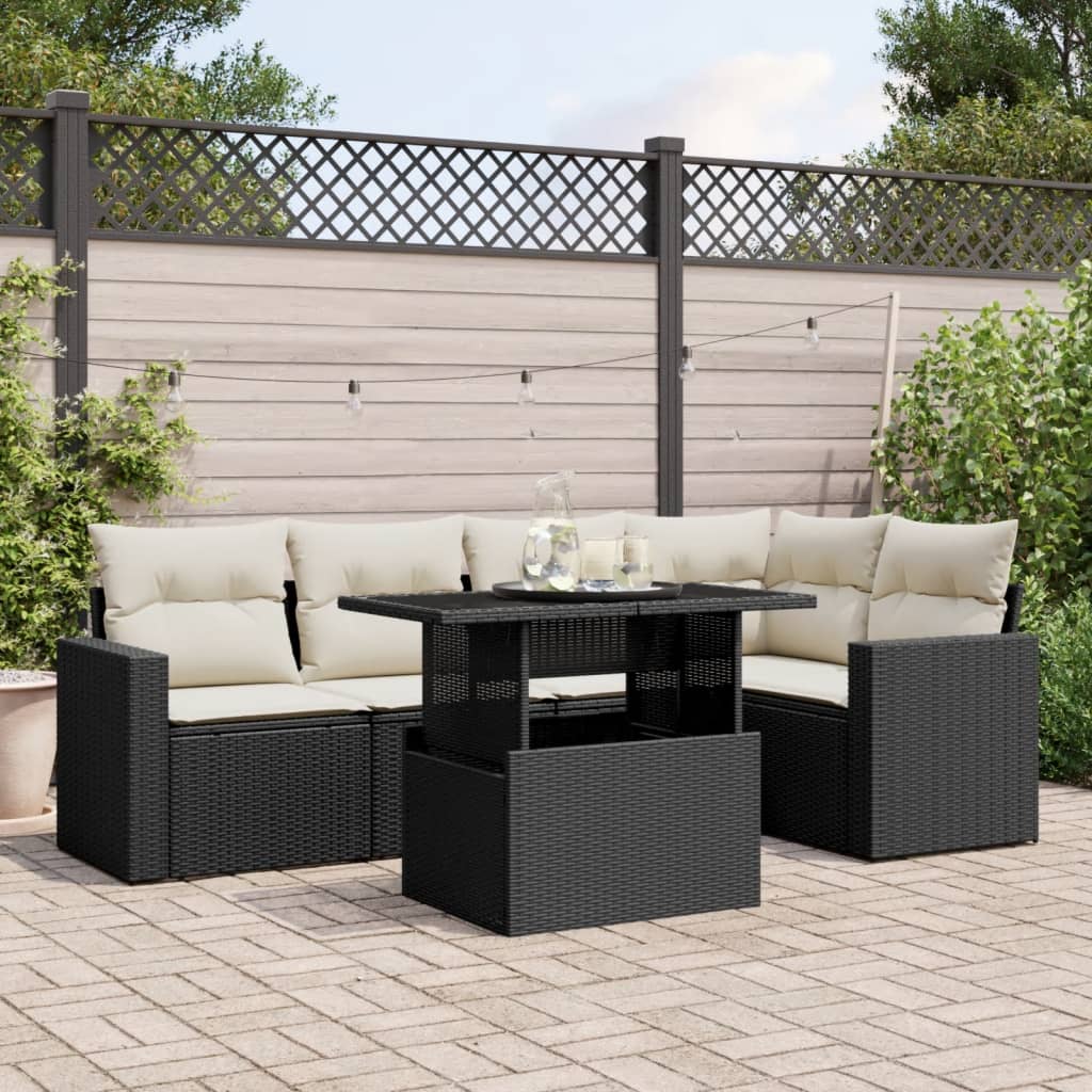 6-delige Loungeset met kussens poly rattan zwart