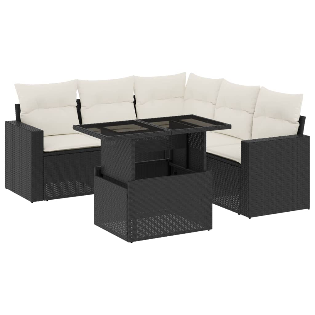 6-delige Loungeset met kussens poly rattan zwart