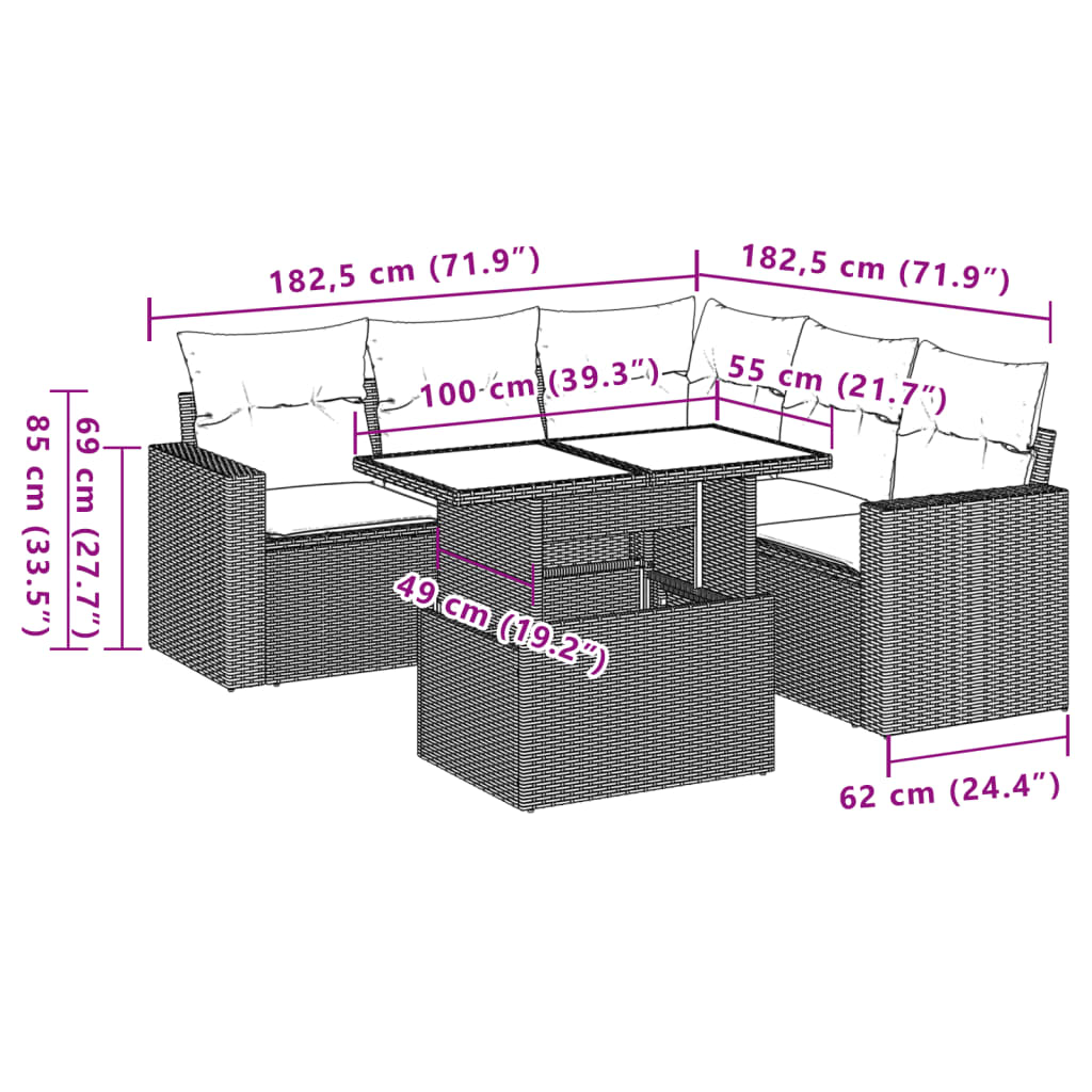 6-delige Loungeset met kussens poly rattan zwart