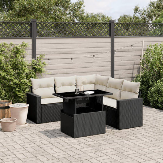 6-delige Loungeset met kussens poly rattan zwart