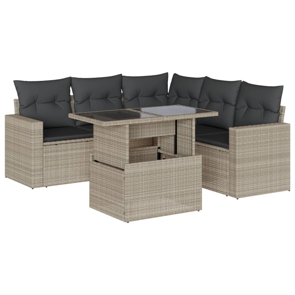 6-delige Loungeset met kussens poly rattan lichtgrijs