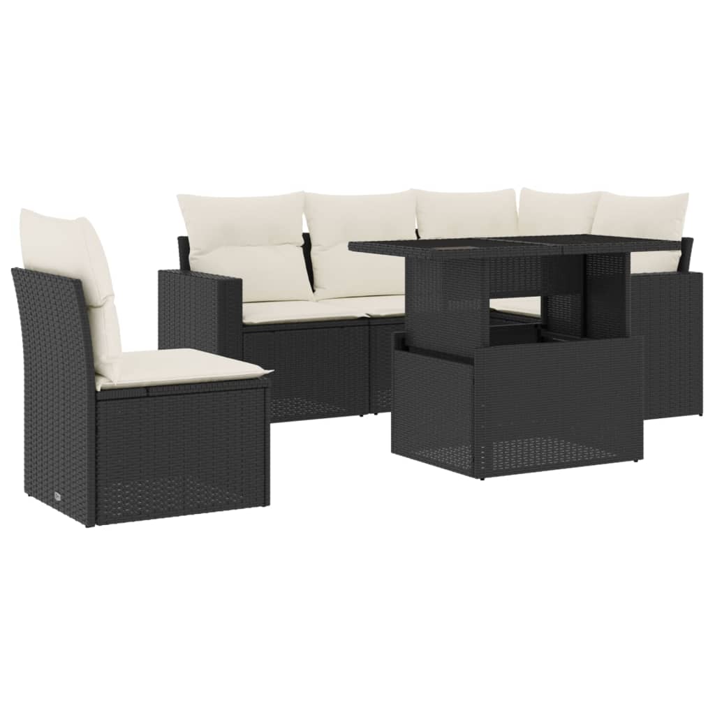 6-delige Loungeset met kussens poly rattan zwart