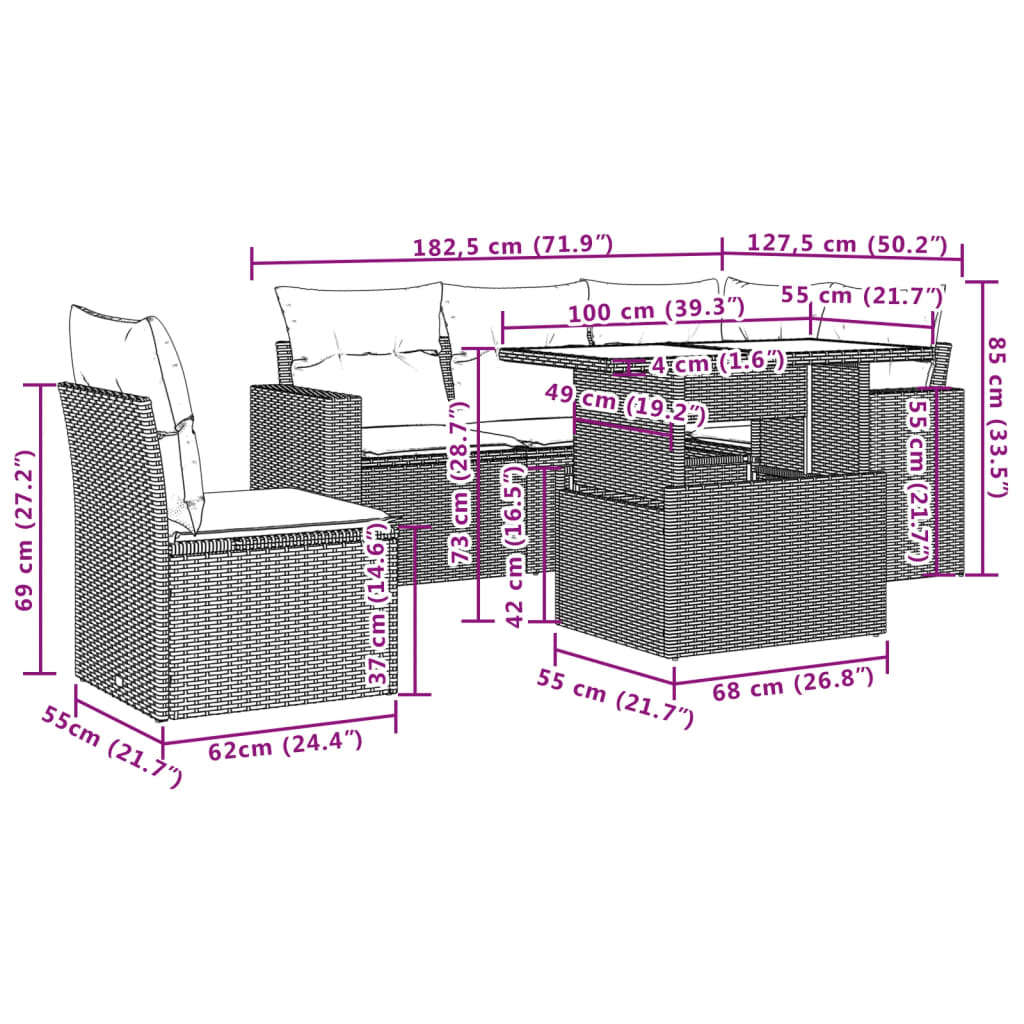 6-delige Loungeset met kussens poly rattan zwart