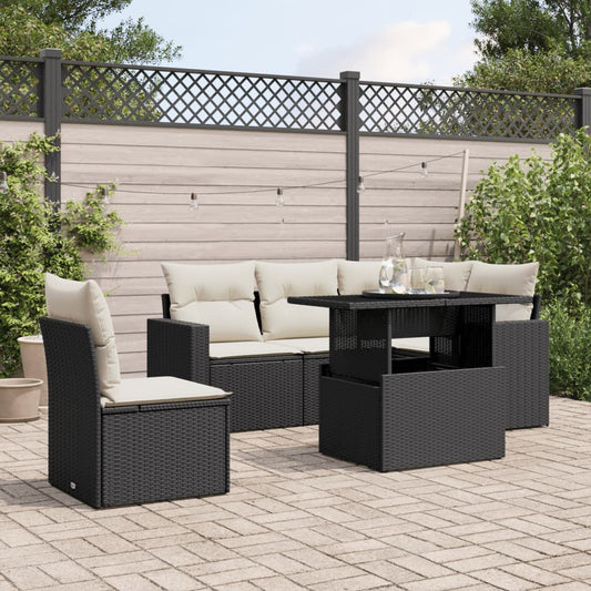 6-delige Loungeset met kussens poly rattan zwart