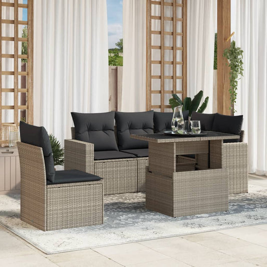 6-delige Loungeset met kussens poly rattan lichtgrijs