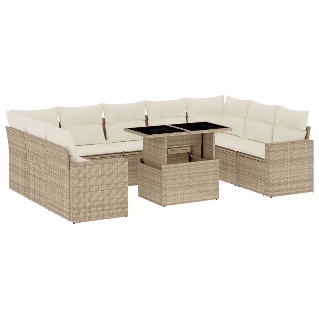 10-delige Loungeset met kussens poly rattan beige