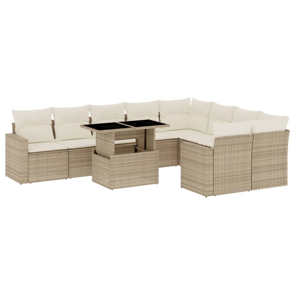 10-delige Loungeset met kussens poly rattan beige