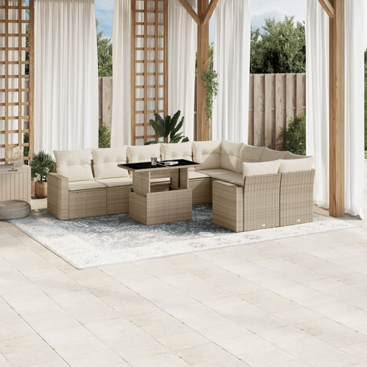 10-delige Loungeset met kussens poly rattan beige