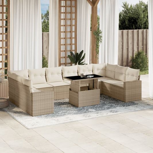 11-delige Tuinset met kussens poly rattan beige