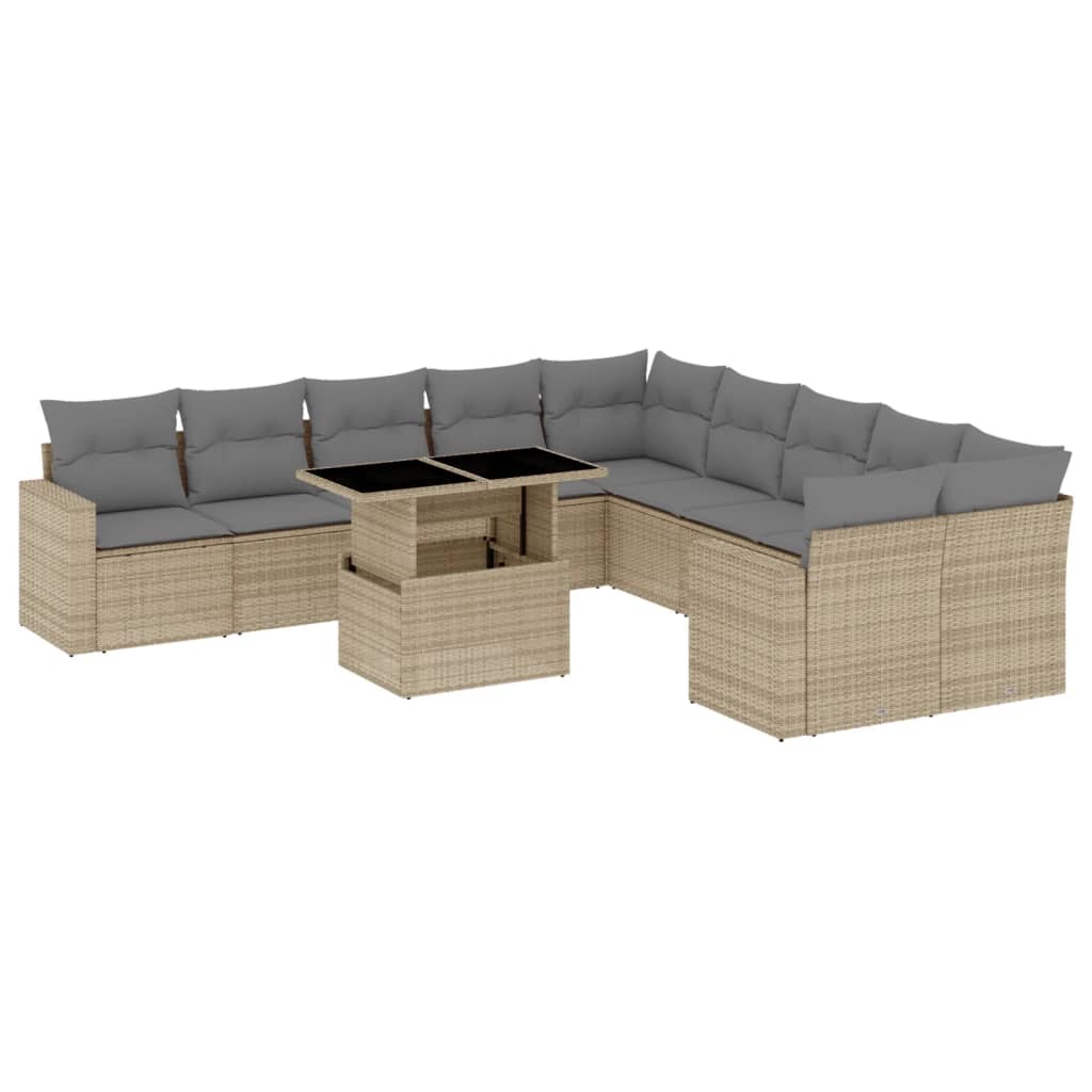 11-delige Tuinset met kussens poly rattan beige