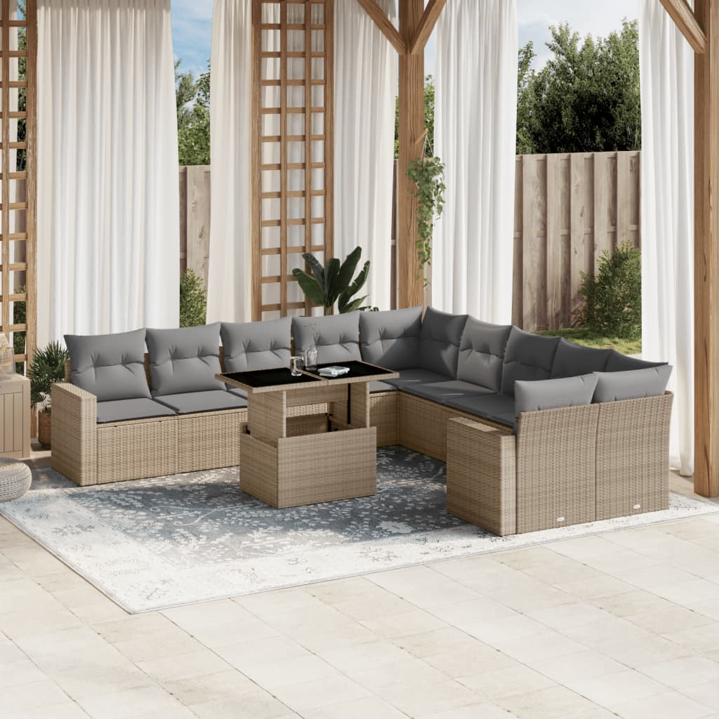 11-delige Tuinset met kussens poly rattan beige