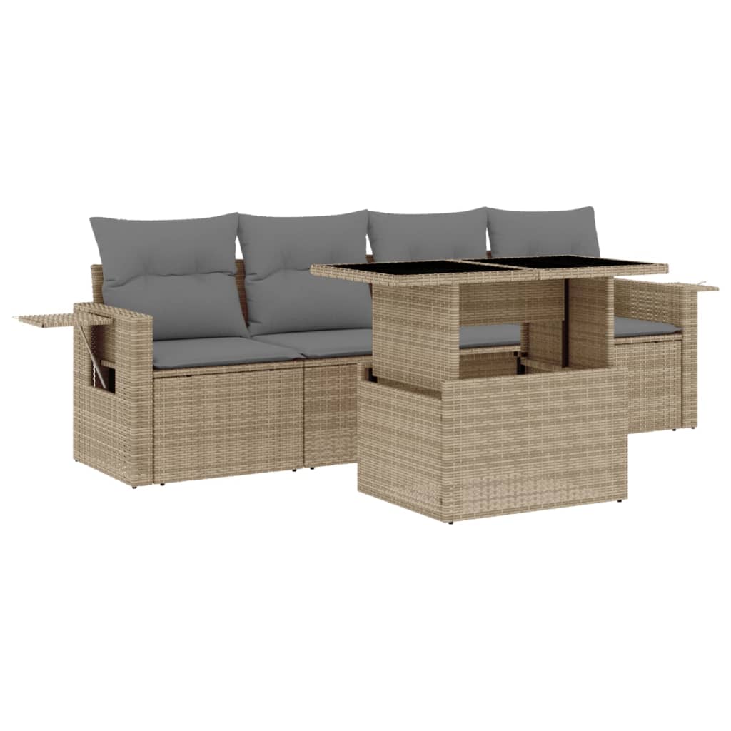 5-delige Loungeset met kussens poly rattan beige