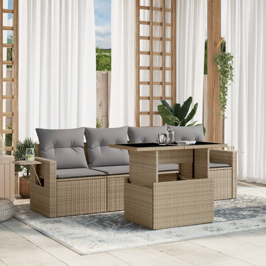 5-delige Loungeset met kussens poly rattan beige