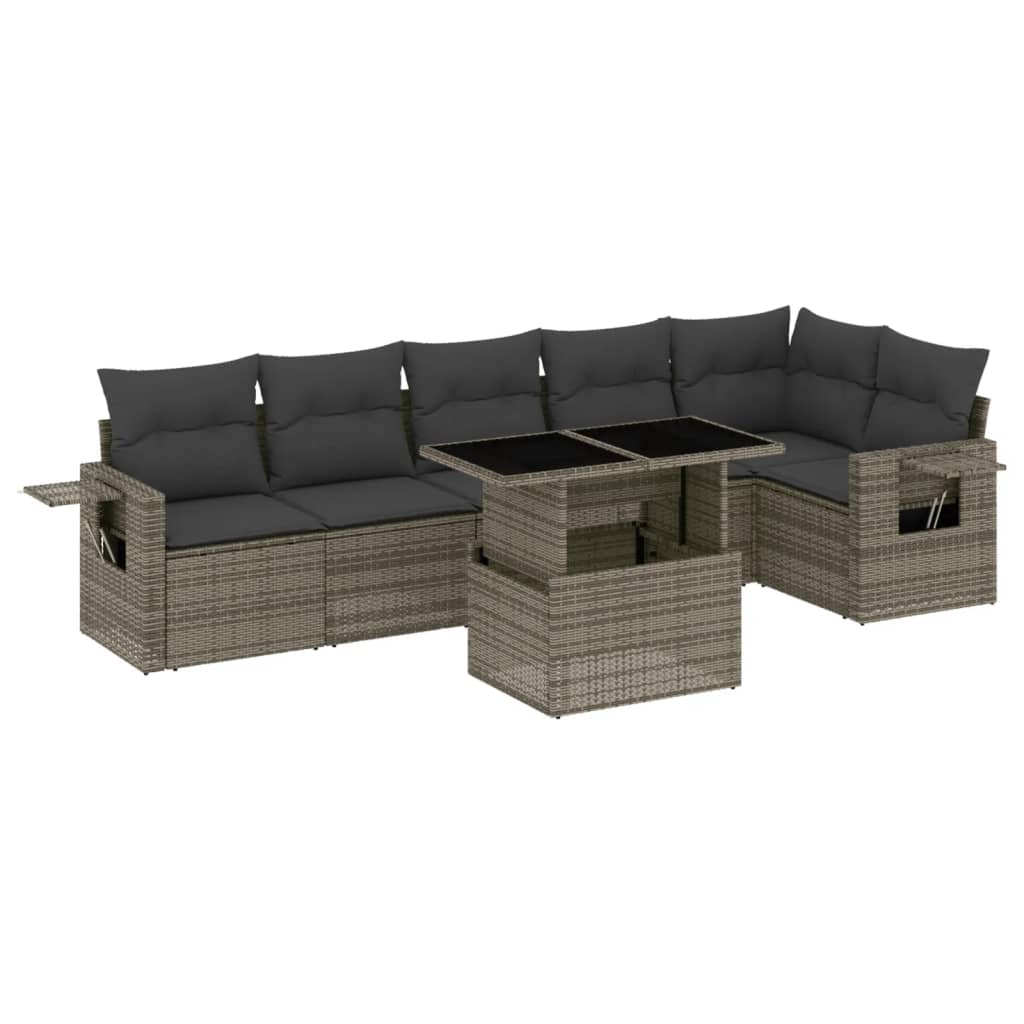 7-delige Loungeset met kussens poly rattan grijs