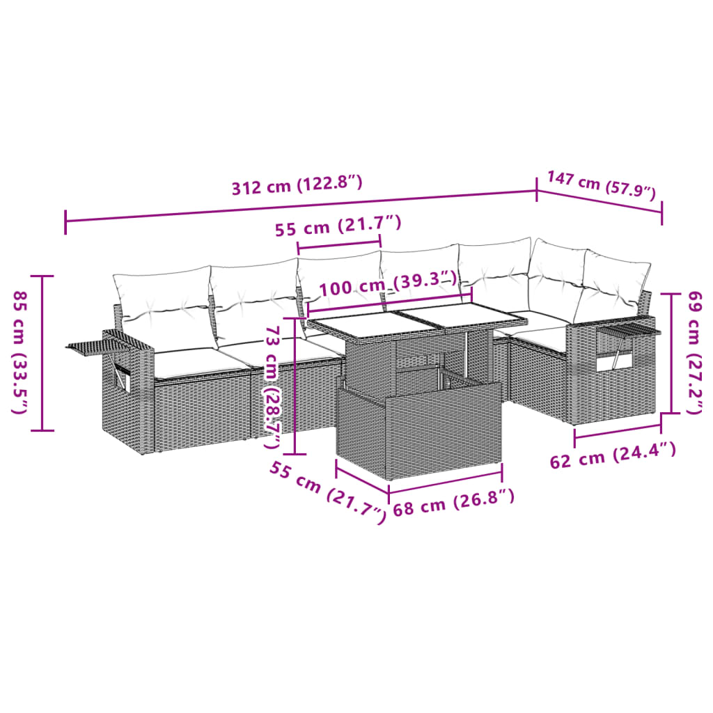 7-delige Loungeset met kussens poly rattan grijs