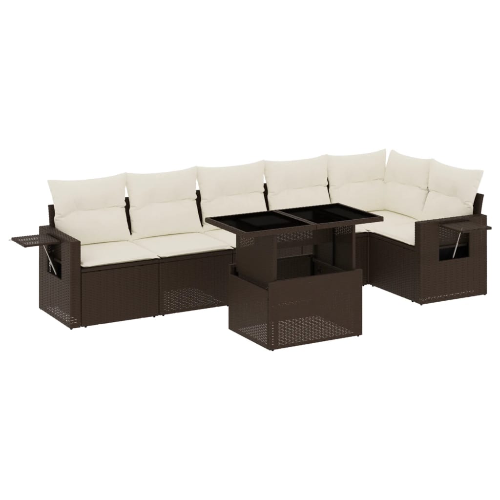 7-delige Loungeset met kussens poly rattan bruin