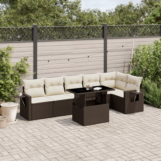 7-delige Loungeset met kussens poly rattan bruin