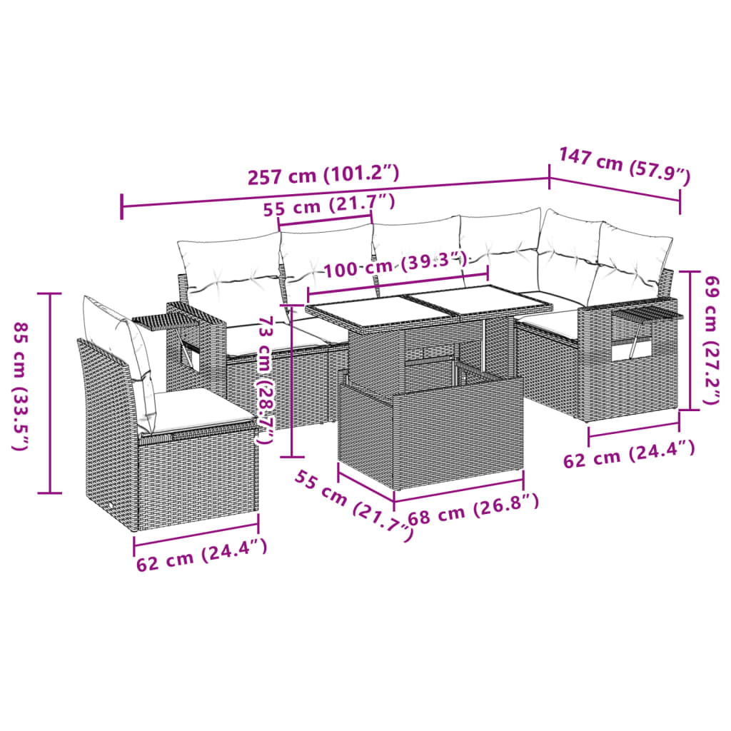 7-delige Loungeset met kussens poly rattan bruin