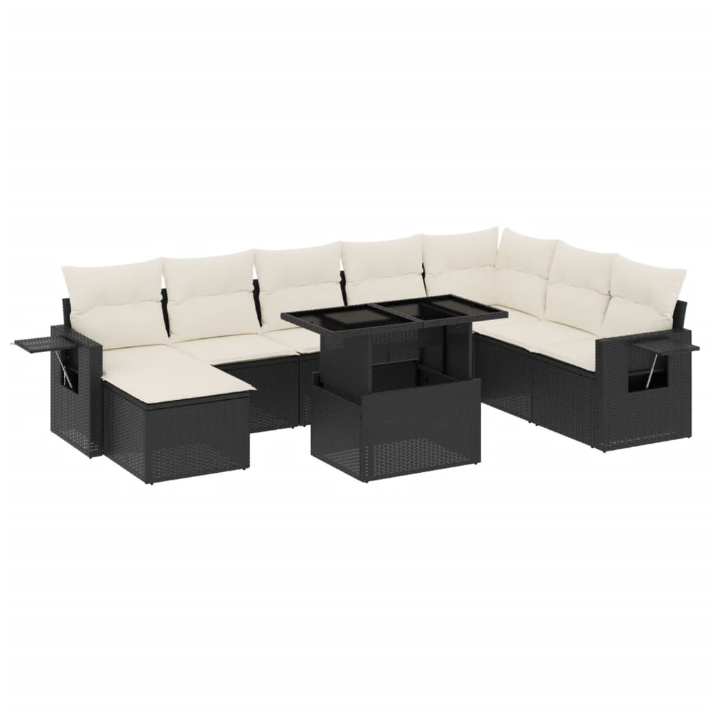 8-delige Loungeset met kussens poly rattan zwart