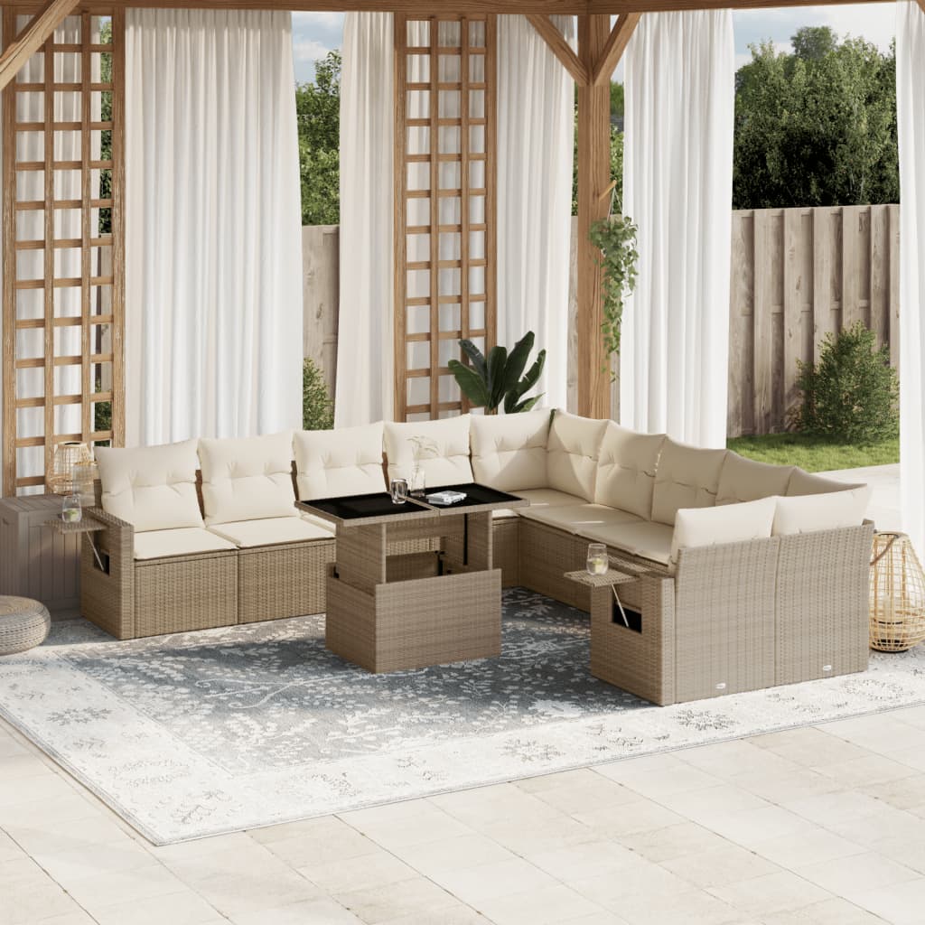 11-delige Tuinset met kussens poly rattan beige