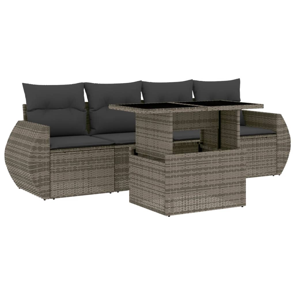 5-delige Loungeset met kussens poly rattan grijs