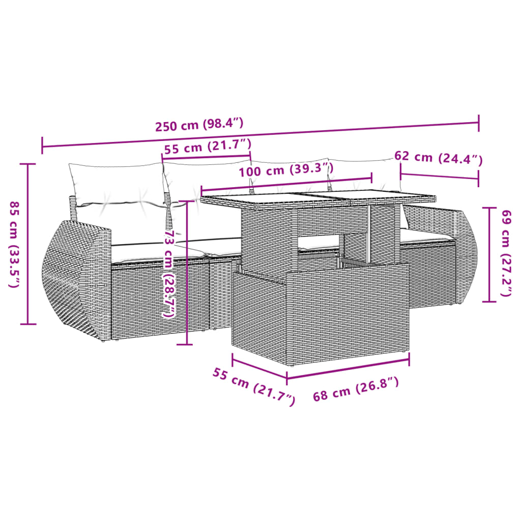 5-delige Loungeset met kussens poly rattan grijs