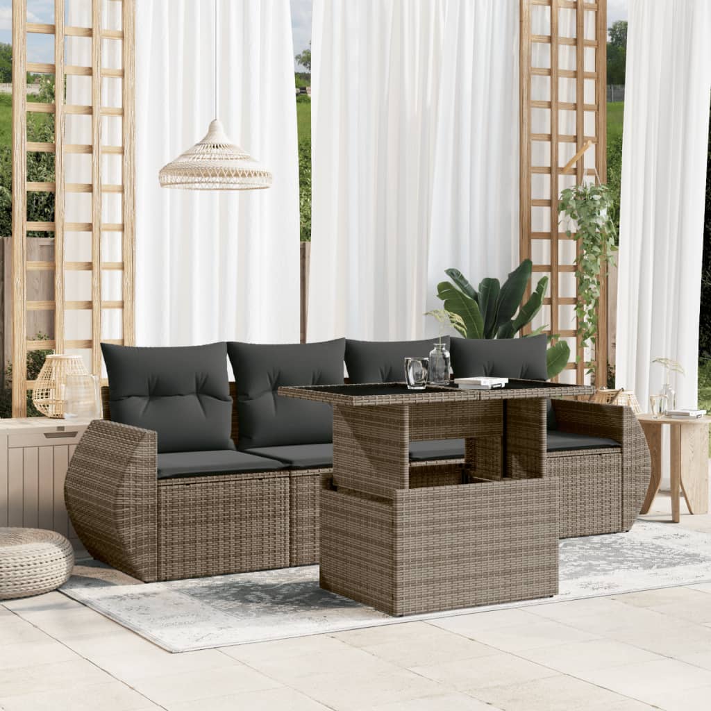 5-delige Loungeset met kussens poly rattan grijs