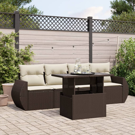 5-delige Loungeset met kussens poly rattan bruin