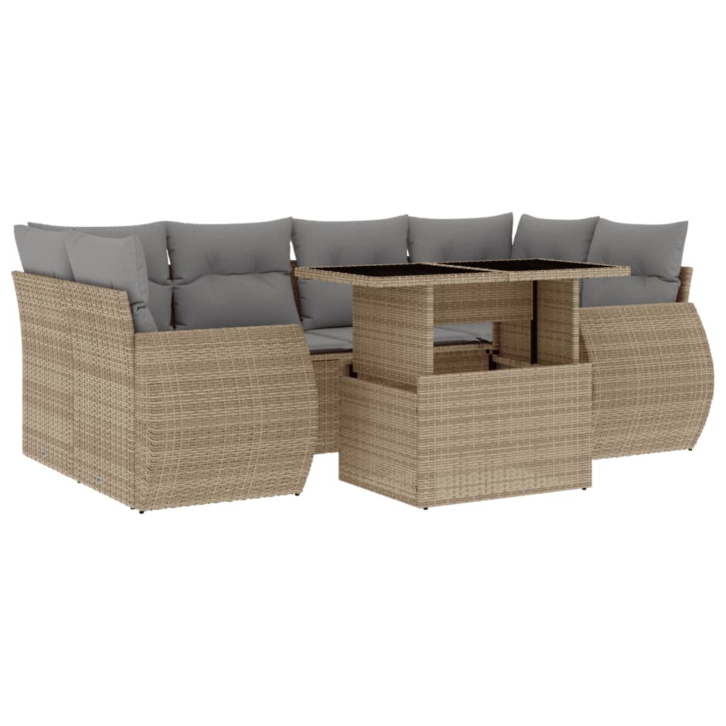 7-delige Loungeset met kussens poly rattan beige