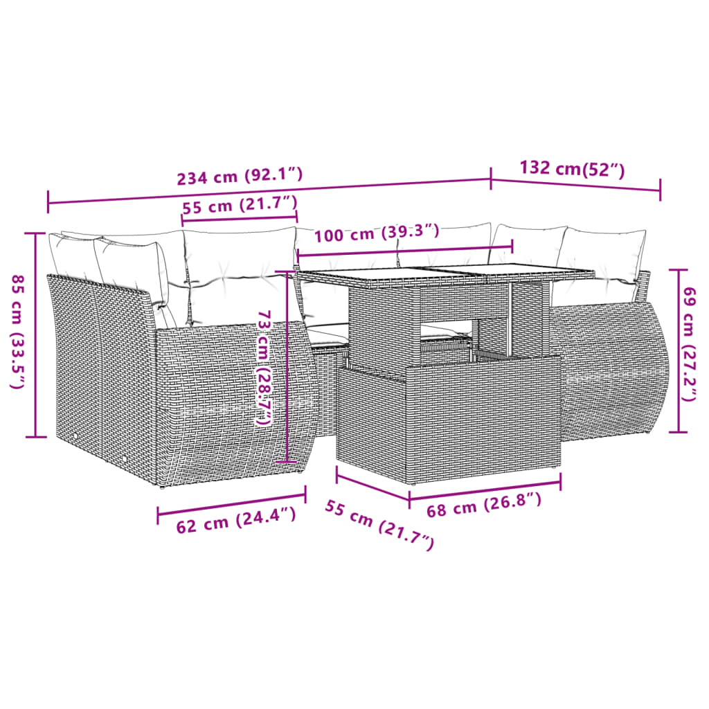 7-delige Loungeset met kussens poly rattan beige