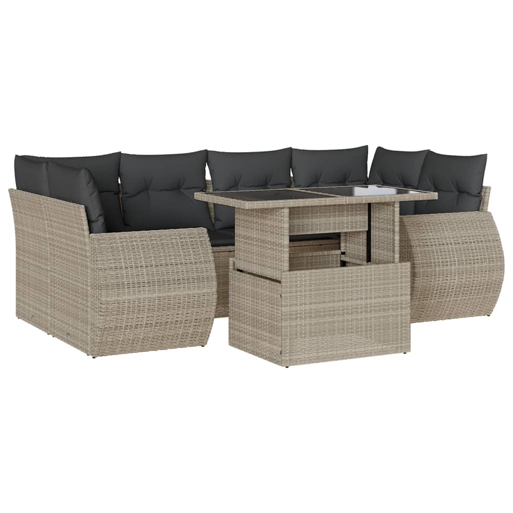 7-delige Loungeset met kussens poly rattan lichtgrijs